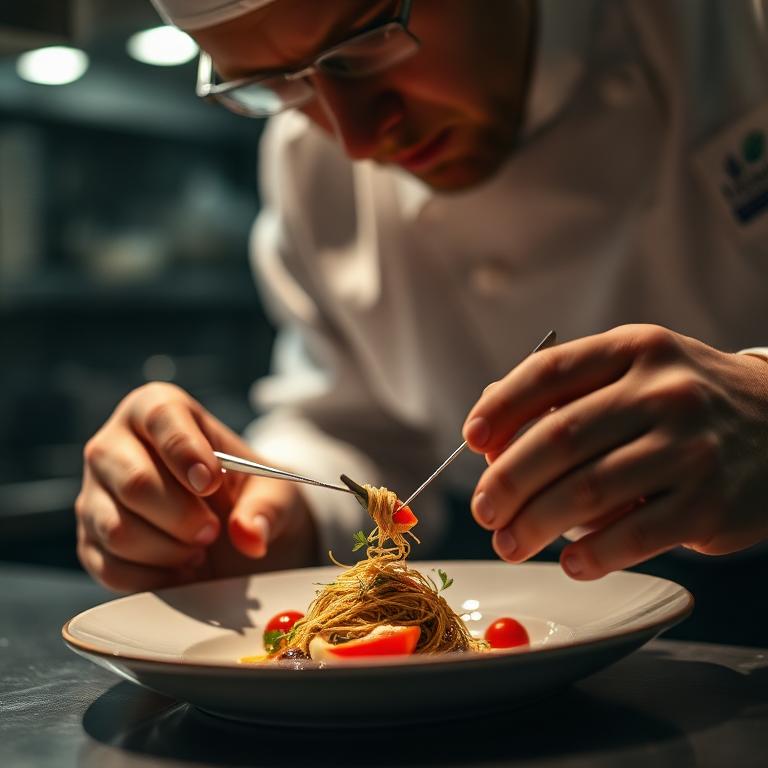 Chef plating a refined dish